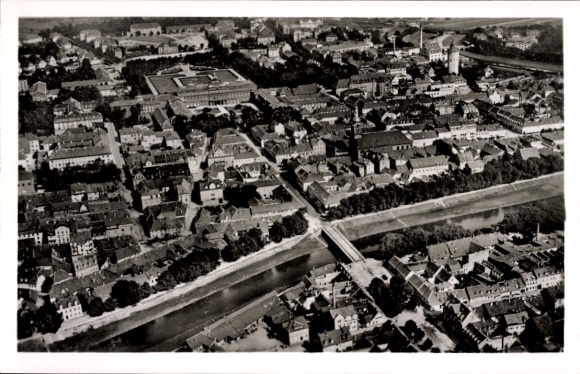 Postcard Rastatt in the Black Forest Baden, aerial view of architecture, river, bridge, cityscape