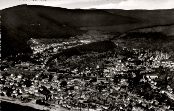Postcard Eberbach am Neckar Odenwald Baden, aerial view of Eberbach, river and mountains in the background