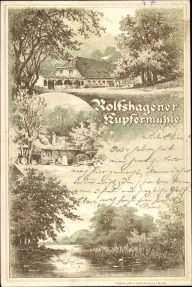 Litho Tremsbüttel in Schleswig Holstein, Rolfshagener Kupfermühle, Seeblick, Wassermühle