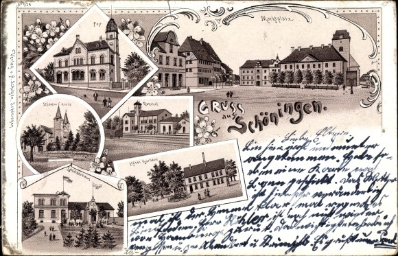 Litho Schöningen am Elm, Marktplatz, Bahnhof, Hotel Kurhaus, Post