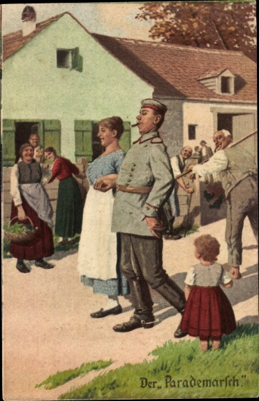 Artist PC The parade march, soldier struts with his wife through the village, always a professional, I. WW