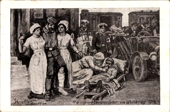Artist Postcard Strieffler, transport of the wounded in World War 1914, German Red Cross, WWI