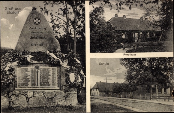 Postcard Elsdorf in Lower Saxony, school, forest house, memorial