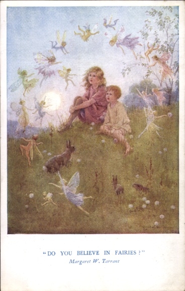 Artist Postcard Tarrant, MW, children on meadow, rabbits, fairies, sunshine