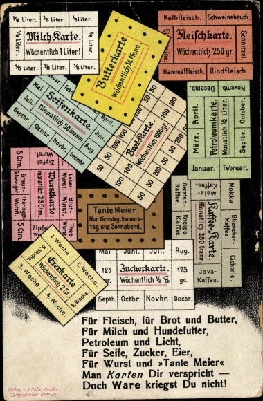 Postcard milk menu, butter menu, meat menu, soap menu, egg menu, sausage menu, I. WW