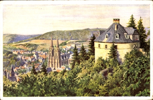 Postcard Marburg an der Lahn, view of the castle, witches' pulpit, K. Lindegreen