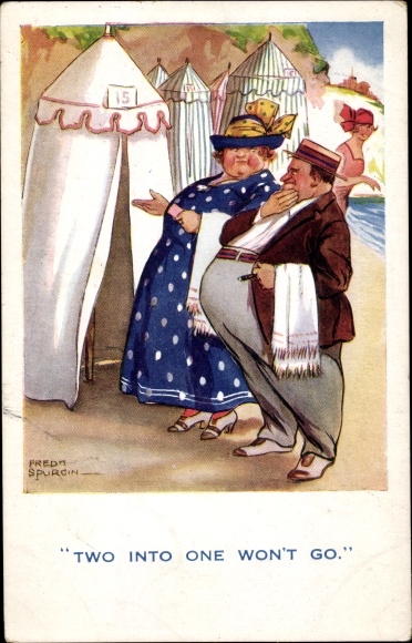 Artist PC Spurgin, F., married couple, overweight people, changing room, beach