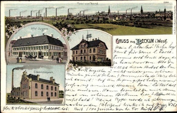Litho Beckum in Westfalen, Hotel Jürgens, Totalansicht, Elektrizitätswerk, Post
