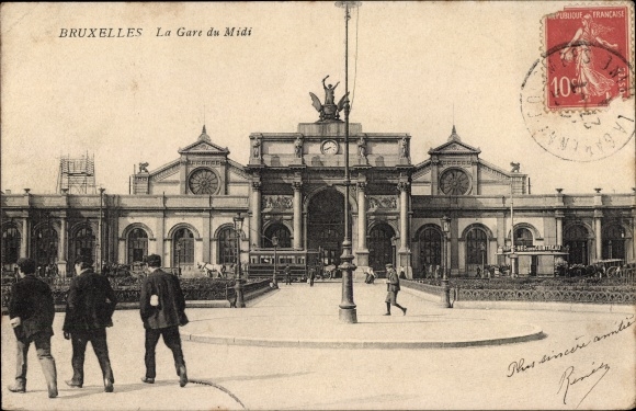 Postcard Bruxelles Brussels, La Gare du Midi, tram at the train station