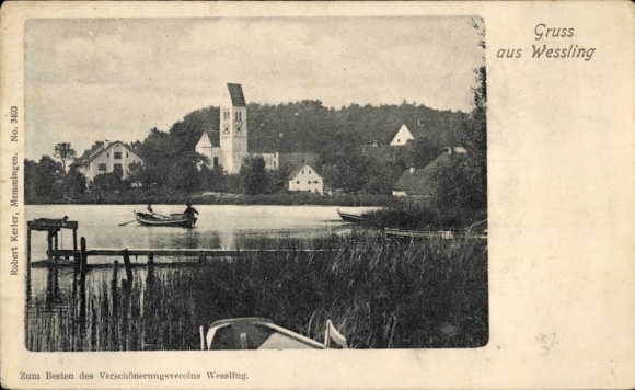 Postcard Wessling Weßling Upper Bavaria, lake, boats, houses, church, forest