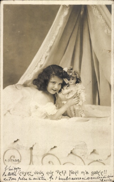 Postcard Girl in Bed, portrait with Doll