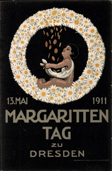 Artist PC Dresden, Margaritten Day 1911, flower day, wreath, money rain