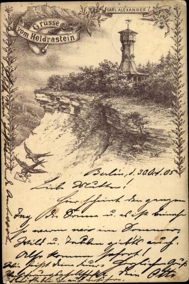 Künstler Litho W., B., Treffurt an der Werra, Heldrastein, Carl Alexander Aussichtsturm, Schwalben