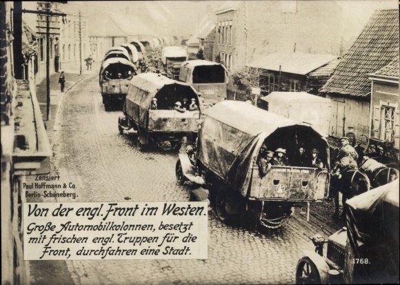Ak Englische Front im Westen, Automobilkolonnen mit englischen Truppen, I WK
