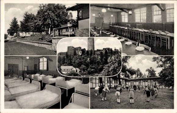 Postcard Wiesemscheid in the district of Ahrweiler, school camp, dining room, dormitory, castle ruins, exterior view