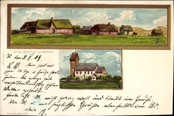 Kunstenaar litho Biese, C., Keitum op Sylt, Rantum, afstandsschot van de plek