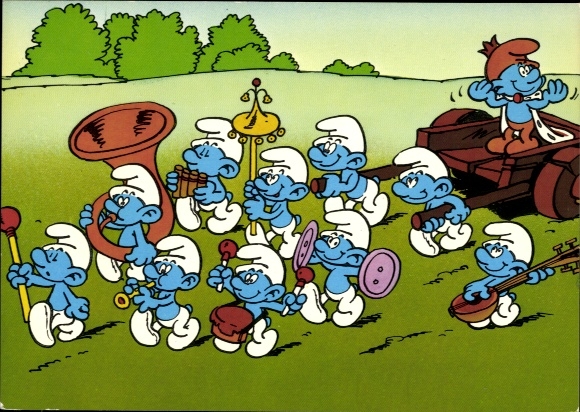 Postcard The Smurfs, marching band, tuba, pan flute