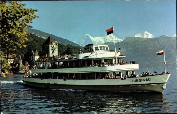 PC Oberhofen on Lake Thun Canton Bern, saloon steamer MS Jungfrau, Eiger, Mönch