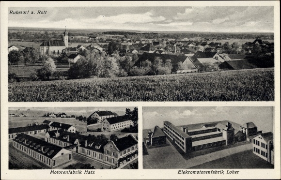 Ak Ruhstorf an der Rott, Motorenfabrik Hatz, Elektromotorenfabrik Loher, Ortspanorama