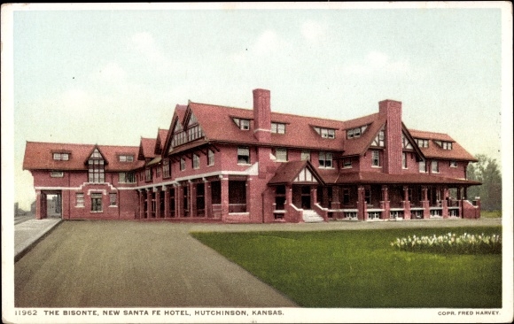 Briefkaart Hutchinson Kansas de VS, Bisonte, het Nieuwe Hotel van Santa Fe