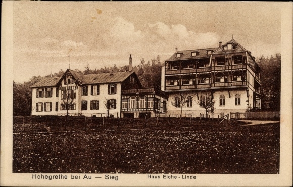 Postcard Hohegrete splendor in the Westerwald, house oak lime tree