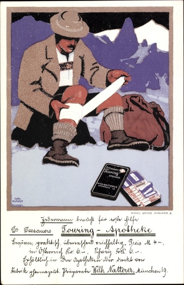 Künstler Ak Kunst, Carl, Dr. Dessauers Touring Apotheke, Bergsteiger verbindet sein Bein, Bandage