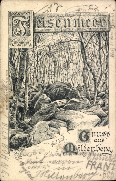 PC Miltenberg am Main Lower Franconia, drawing of Eelsenmeer, forest landscape with rocks, Grusskar