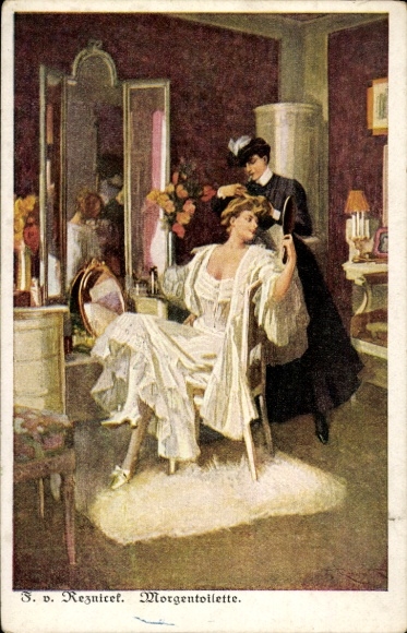 Art Nouveau artist Postcard Rezinicek, Ferdinand von, morning toilet, woman in underdress