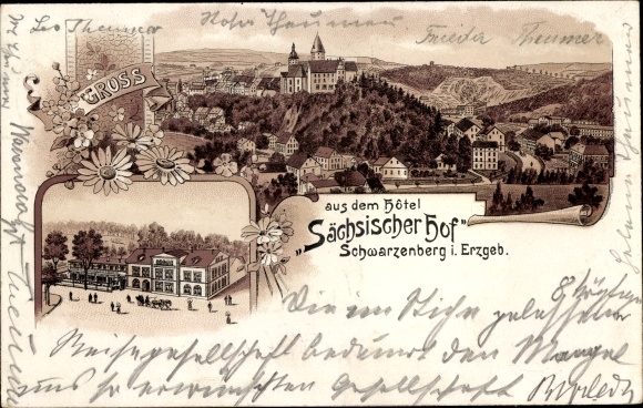 Chromo-Litho Schwarzenberg in the Erzgebirge Saxony, total view, Hotel Sächsischer Hof