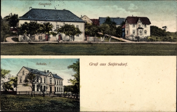 Postcard Seifersdorf in Saxony, inn, school