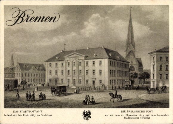 Postwaardekaart Ansichtkaart Hanzestad Bremen, Pruisische Post, stadspostkantoor, WHW-stempelreclameshow