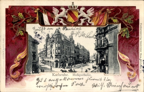 KP z wytłoczonym herbem w passepartout Karlsruhe w Baden, Hofapotheke