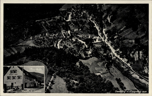 Ak Seeburg Bad Urach in der Schwäbischen Alb, Fliegeraufnahme, Gasthaus zum Lamm