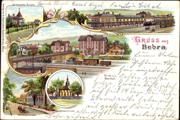 Chromo-Litho Bebra on the Fulda in Hesse, Catholic Church, train station, track side, Nürnbergerstrasse