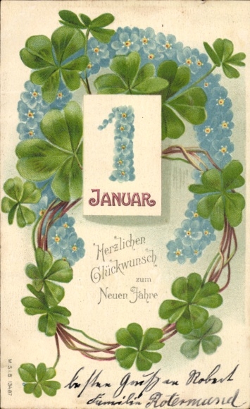 litho Gelukkig Nieuwjaar, kalender, klavertje vier, vergeet-me-nietje