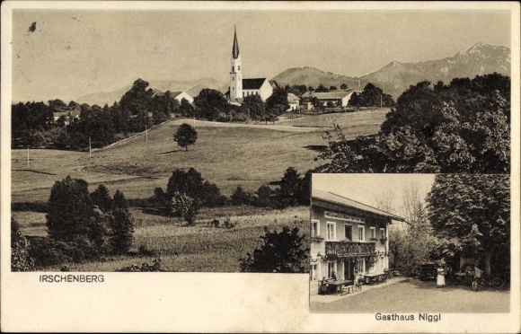 Postcard Irschenberg in the district of Miesbach, Inn Niggl, view of the church