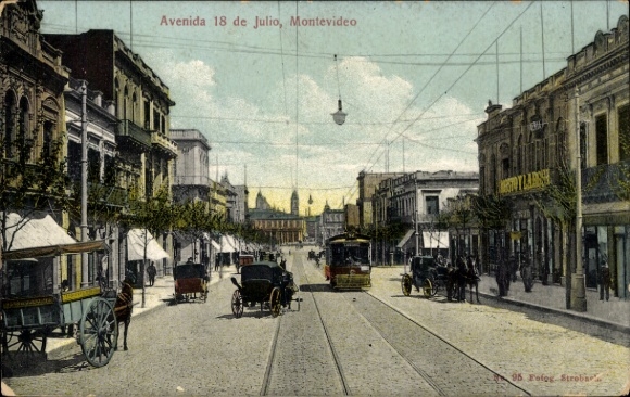 Postcard Montevideo Uruguay, 18th of July Street, Tram