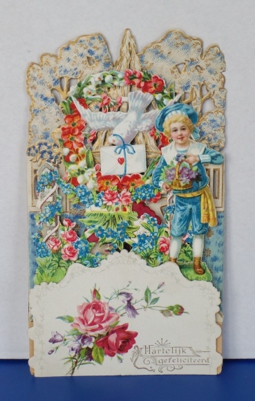 Backdrop card 3D wafer standee, congratulations, boy with basket of flowers, dove, roses
