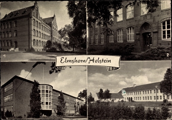 Ansichtkaart Elmshorn in Holstein, onder andere uitzicht op Bismarck middelbare school, E. Brandstrom Lyceum, middelbare school