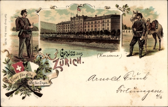 Chromo-Litho Zurich City Switzerland, barracks, soldiers, one for all, all for one