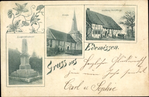 Postcard Edemissen in Lower Saxony, church, war memorial, Gasthaus Carl?
