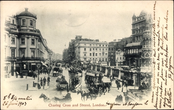 Postcard London City England, Charing Cross and Strand, Bahnhof