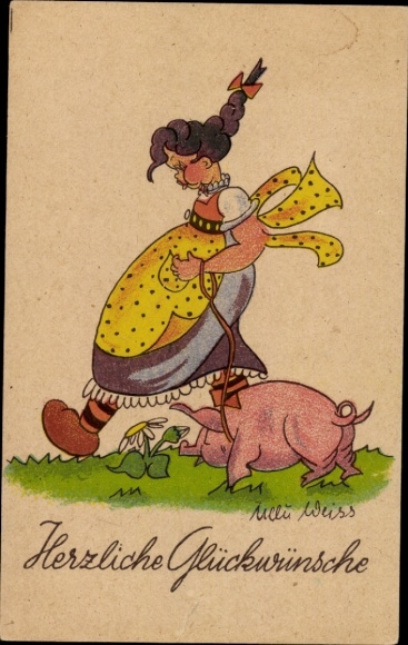 Künstler Ak Weiss, Glückwunsch, Mädchen, Schwein