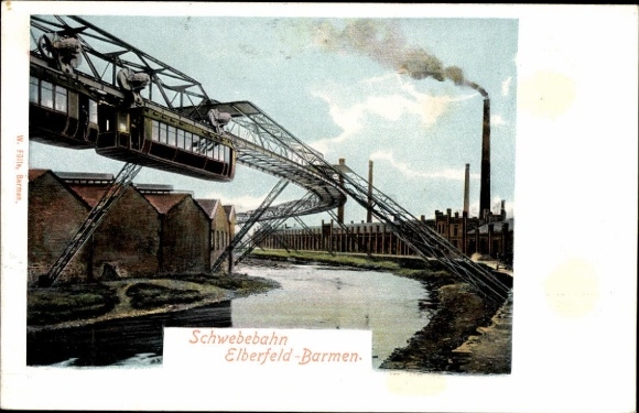 Postcard Wuppertal, suspension railway, factory building, chimney