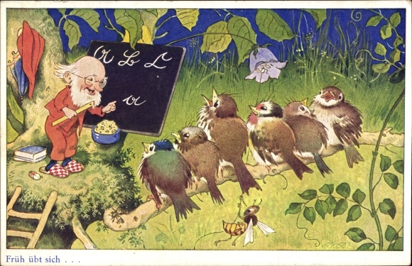 Artist PC Baumgraten, Fritz, early practice, dwarf as a teacher, birds as students, wasp