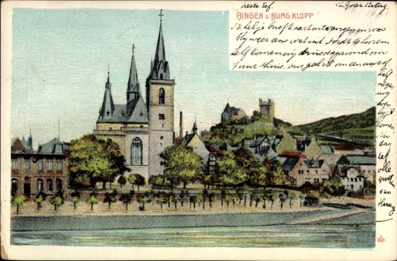 Postcard Bingen am Rhein, Klopp Castle, river view, trees,