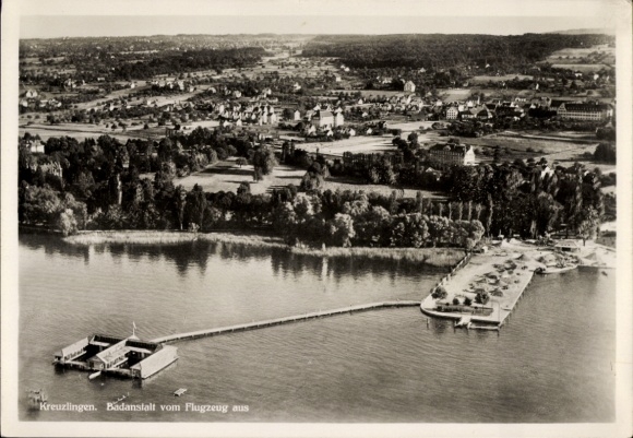 KP Kreuzlingen nad Jeziorem Bodeńskim Kt. Thurgau, widok na kąpielisko, widok na miasto, krajobraz wodny