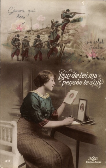 Postcard Woman Thinks of Her Lover, French Soldiers in Uniforms, Soldiers' Love