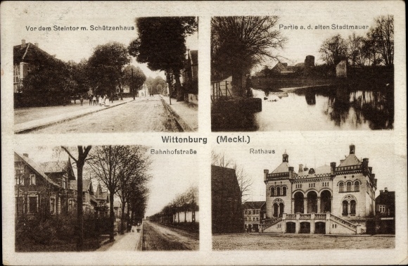 Postcard Wittenburg in Mecklenburg, town hall, Schützenhaus, city wall, Bahnhofstrasse
