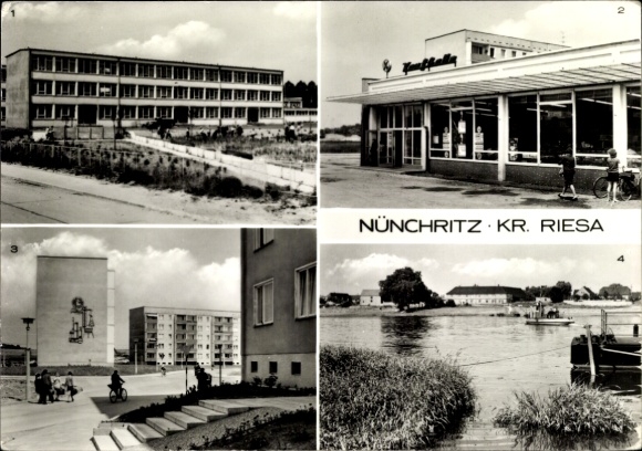Postcard Nünchritz in Saxony, Polytechnic High School, Konsum department store, Karl-Liebknecht-Ring, Elbfa